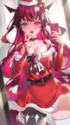 1girl alternate_costume belt blue_eyes blush bow breasts cellphone choker christmas cleavage dress hat heterochromia highres holding holding_phone hololive hololive_english horns irys_(hololive) large_breasts long_hair looking_at_viewer mirror mirror_selfie mismatched_thighhighs multicolored_hair nolmo open_mouth phone pointy_ears purple_eyes purple_hair red_dress red_hair santa_costume santa_dress santa_hat selfie smartphone smile solo streaked_hair thighhighs very_long_hair virtual_youtuber
