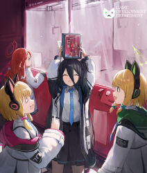 4girls :d ^_^ absurdres animal_ear_headphones animal_ears aris_(blue_archive) arms_up black_hair black_skirt blonde_hair blue_archive blue_halo blue_necktie cat_ear_headphones closed_eyes commentary commentary_request fake_animal_ears game_development_department_(blue_archive) green_eyes green_halo hair_between_eyes halo headphones highres holding jacket jianjia long_hair midori_(blue_archive) momoi_(blue_archive) multiple_girls necktie o_o open_mouth pleated_skirt red_hair red_halo shirt short_hair siblings sisters skirt smile twins very_long_hair white_jacket white_shirt yuzu_(blue_archive)