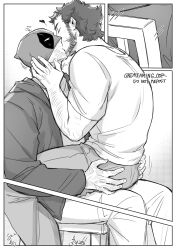 2boys arm_hair back beard blush chair closed_eyes commentary_request couple deadpool deadpool_&amp;_wolverine deadpool_(series) dreaming_oor facial_hair grabbing_another&#039;s_ass groping hand_on_another&#039;s_face highres kiss long_sleeves male_focus marvel marvel_cinematic_universe mask_lift monochrome multiple_boys muscular muscular_male on_chair pants scar scars_all_over shirt short_hair short_sleeves sitting sitting_on_person too_many wolverine_(x-men) x-men yaoi