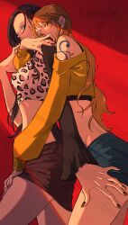 2girls absurdres arm_tattoo black_hair black_nails character_name cowboy_shot crop_top enaka67 hand_on_another&#039;s_leg highres hug hug_from_behind long_hair looking_at_viewer multiple_girls nami_(one_piece) nico_robin one_piece orange_eyes orange_hair profile red_nails shorts skirt tattoo