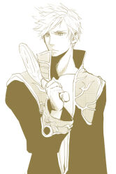 Rule 34 | 1boy, brown theme, closed mouth, club (weapon), coat, commentary request, expressionless, holding, holding club, holding weapon, long sleeves, looking to the side, male focus, monochrome, multicolored coat, picojan w, priest (ragnarok online), ragnarok online, short hair, simple background, solo, two-tone coat, upper body, weapon