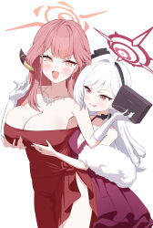 2girls :p absurdres aru_(blue_archive) aru_(dress)_(blue_archive) asymmetrical_bangs bag black_choker black_hairband blue_archive blunt_bangs blush bow bow_choker breasts choker cleavage collarbone commentary demon_horns diamond_necklace dot_nose dress earrings elbow_gloves evening_gown feather_boa ginichu1003 gloves grabbing_another&#039;s_breast grabbing_from_behind groping hairband halo highres holding holding_bag horns jewelry large_breasts layered_dress light_blush light_smile long_hair multiple_girls mutsuki_(blue_archive) mutsuki_(dress)_(blue_archive) official_alternate_costume official_alternate_hairstyle open_mouth pearl_earrings pink_eyes pink_hair pink_halo purple_dress purple_eyes red_dress red_halo side_slit simple_background strapless strapless_dress sweatdrop tongue tongue_out wavy_ends white_background white_gloves white_hair yuri