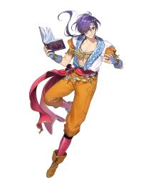 Rule 34 | 1boy, attack, blue gloves, book, bridal gauntlets, earrings, fire emblem, fire emblem: thracia 776, fire emblem heroes, gloves, headband, highres, holding, holding book, homer (fire emblem), jewelry, long hair, male focus, nintendo, non-web source, official art, open book, ponytail, purple eyes, purple hair, scarf, shirt, solo, tassel, tassel earrings, white shirt