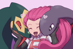1girl arbok black_eyes closed_eyes closed_mouth colored_sclera earrings enohito fang forked_tongue gen_1_pokemon gen_3_pokemon heart jessie_(pokemon) jewelry long_hair nintendo open_mouth pink_background pink_hair pokemon pokemon_(anime) red_sclera seviper smile snake team_rocket team_rocket_uniform tongue very_long_hair