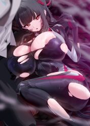 1boy 1girl areola_slip black_bodysuit black_hair blue_archive blunt_bangs bodysuit breasts bright_pupils halo highres huge_breasts large_areolae long_hair official_alternate_costume open_mouth red_eyes revision rio_(blue_archive) rio_(bodysuit)_(blue_archive) solo_focus thighs torn_bodysuit torn_clothes white_pupils xiujia_yihuizi