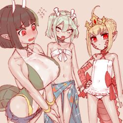 3girls ahoge bikini biscione_(fate) black_hair blonde_hair braid breasts crown dragon_horns dragon_tail facial_mark fate/grand_order fate_(series) green_hair hair_bun horns large_breasts louhi_(fate) lowres multiple_girls navel nero_claudius_(fate) one-piece_swimsuit pointed_crown pointy_ears queen_draco_(fate) red_eyes red_scales revealing_clothes sarong scales sharp_teeth small_breasts solopipb strapless strapless_bikini swimsuit tail teeth twintails yellow_eyes