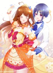 2girls :d ^_^ absurdres adapted_costume ahoge alternate_hairstyle arm_garter arm_up ascot assault_lily bare_shoulders behind_another blue_ascot blue_bow blurry blush bow breasts brown_hair cleavage closed_eyes commentary_request cowboy_shot dancing depth_of_field detached_sleeves dress dress_bow dress_flower eighth_note flower formal_clothes fortissimo frilled_dress frilled_sleeves frills gem gloves gradient_background hair_between_eyes hair_bow hair_ornament hair_ribbon hairclip halter_dress halterneck heart heart_ahoge high-low_dress highres holding_hands jacket large_breasts layered_dress light_particles long_hair long_sleeves looking_at_another mizuha_(dreamchild_0504) multiple_girls musical_note musical_note_hair_ornament one_side_up open_clothes open_jacket open_mouth orange_bow orange_dress pant_suit pants pearl_(gemstone) pink_bow print_dress puffy_detached_sleeves puffy_sleeves purple_eyes purple_hair ribbon shirt short_hair short_sleeves sleeveless sleeveless_dress smile star_(symbol) star_print suit takasuga_tsukushi teeth tiara two-tone_dress upper_teeth_only very_long_hair watanabe_akane wavy_hair white_background white_flower white_gloves white_jacket white_pants white_shirt wrist_bow yellow_dress yellow_gloves yellow_ribbon yuri