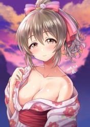 1girl bare_shoulders blurry blurry_background blush breasts brown_eyes brown_hair cleavage closed_mouth cloud cloudy_sky collarbone commentary_request dated evening female_focus floral_print flower hair_between_eyes hair_flower hair_ornament hair_ribbon hand_up head_tilt high_ponytail highres hori_yuko idolmaster idolmaster_cinderella_girls idolmaster_cinderella_girls_starlight_stage japanese_clothes kimono long_sleeves looking_at_viewer medium_breasts obi off_shoulder outdoors pink_flower pink_kimono pink_ribbon ponytail print_kimono purple_sky ribbon sash shiny_skin short_hair short_ponytail sidelocks signature sky solo sweat tareme upper_body yoohi yukata