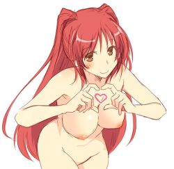 Rule 34 | 1girl, four-finger heart hands, bad id, bad twitter id, breasts, brown eyes, cowboy shot, female focus, heart, heart hands, jpeg artifacts, kousaka tamaki, large breasts, long hair, looking at viewer, nipples, nude, red hair, simple background, smile, solo, theta (ponkotsu works), to heart (series), to heart 2, two side up, white background