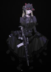 1girl absurdres animal_ears assault_rifle belt black_background black_choker black_dress black_gloves black_ribbon blonde_hair bulletproof_vest cat_ears choker commentary contrapposto cropped_legs cross dress english_commentary explosive fake_animal_ears fingerless_gloves frilled_dress frills full_body gloves gothic_lolita grenade gun gun_sling hair_ribbon helmet highres juliet_sleeves kalashnikov_rifle lipstick lolita_fashion long_hair long_sleeves magazine_(weapon) makeup night_vision_device optical_sight original parted_lips peinlike puffy_long_sleeves puffy_sleeves red_lips ribbon rifle sidelocks sight_magnifier sketch skirt_hold solo suppressor twintails weapon weapon_request