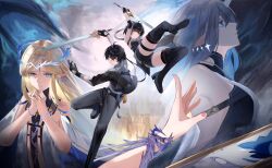 1boy 3girls absurdres bare_shoulders black_boots black_collar black_gloves black_hair black_jacket black_pants black_shorts black_thighhighs blonde_hair blue_eyes blue_hair boots breasts cartethyia_(wuthering_waves) closed_mouth collar colored_inner_hair commentary_request crown_of_thorns dual_persona earrings eugle_na female_rover_(wuthering_waves) fleurdelys_(wuthering_waves) gloves hair_between_eyes highres holding holding_sword holding_weapon horns jacket jewelry large_breasts long_hair male_rover_(wuthering_waves) multicolored_hair multiple_girls own_hands_clasped own_hands_together pants pointy_ears rover_(wuthering_waves) shorts sidelocks single_horn sword tabard tacet_mark_(wuthering_waves) thigh_boots thigh_strap thighhighs thighhighs_under_boots thighs weapon white_tabard wuthering_waves yellow_eyes