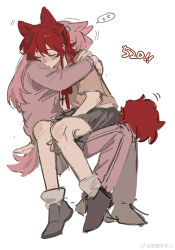 2girls animal_ears bocchi_the_rock! bow bowtie brown_shirt chinese_commentary closed_eyes closed_mouth commentary_request dog_ears dog_girl dog_tail gotoh_hitori grey_shoes grey_skirt hands_on_another&#039;s_shoulders highres hug jacket kita_ikuyo lingyi long_hair long_sleeves multiple_girls pink_hair pink_jacket pleated_skirt red_bow red_bowtie red_hair school_uniform shirt shoes short_sleeves shuka_high_school_uniform simple_background sitting sitting_on_lap sitting_on_person skirt smile spoken_zzz tail track_jacket watermark weibo_watermark white_background yuri zzz
