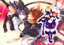 ! !! 2girls armor artist_name belt black_belt black_boots black_hair black_shirt blush boots carrying commentary dated facial_mark fate/grand_order fate_(series) flustered fujimaru_ritsuka_(female) fujimaru_ritsuka_(female)_(true_ether_chaldea_uniform) full_body grin hair_bun hat highres hikimayu japanese_armor kote long_hair looking_at_another mask midriff multicolored_eyes multiple_girls multiple_views navel orange_hair princess_carry renia_(xxx_wg_869) shirt short_hair shorts shoulder_armor side_ponytail single_side_bun smile taira_no_kagekiyo_(fate) taira_no_kagekiyo_(first_ascension)_(fate) tate_eboshi twitter_username unworn_mask ushiwakamaru_(fate) white_shorts yellow_eyes yuri