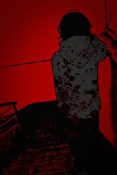 Rule 34 | 1boy, absurdres, ahoge, arm at side, blood, blood on clothes, ciciflaky, creepypasta, film grain, from behind, full body, highres, hood, hood down, hoodie, jeff the killer, long sleeves, male focus, on stairs, pants, partially colored, railing, red background, short hair, simple background, solo, stairs, stairwell, standing, vignetting