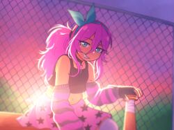 1girl alternate_costume alternate_hairstyle aubrey_(faraway)_(omori) aubrey_(omori) baseball_bat blue_eyes blue_hairband chain-link_fence crop_top donuqx fence grin hairband holding holding_baseball_bat long_hair looking_at_viewer navel omori outdoors parted_lips pink_skirt ponytail sitting skirt smile solo sunset teeth
