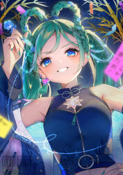 Rule 34 | 1girl, aqua hair, aqua nails, bare shoulders, blue eyes, blush, braid, breasts, crop top, earrings, hand on own hip, hatsune miku, heart, heart earrings, highres, holding, holding pencil, jewelry, kyashii (a3yu9mi), long hair, magical mirai miku, magical mirai miku (2025), medium breasts, official alternate costume, official alternate hairstyle, parted lips, pencil, smile, solo, star (symbol), star earrings, twin braids, twintails, very long hair, vocaloid