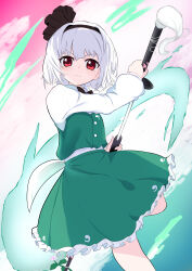 Rule 34 | 1girl, absurdres, black hairband, closed mouth, commentary, flower, green skirt, green vest, grey hair, guminemi, hairband, highres, hitodama, hitodama print, holding, holding sheath, holding sword, holding weapon, katana, konpaku youmu, konpaku youmu (ghost), leg up, long sleeves, looking at viewer, pink flower, red eyes, sheath, shirt, skirt, skirt set, solo, sword, touhou, unsheathing, vest, weapon, white shirt