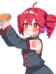 1girl ahoge baguette blush bread breast_pocket buttons closed_mouth detached_sleeves drill_hair food grey_shirt grey_sleeves highres kasane_teto kasane_teto_(utau) long_sleeves pocket red_eyes red_hair shirt simple_background sleeveless sleeveless_shirt smile solo sparkling_eyes twin_drills upper_body utau vvv_fnk white_background