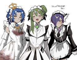 3boys :d :| =_= adapted_costume alternate_costume apron ascot black_jacket black_necktie black_skirt blood blood_on_clothes blush brooch butterfly_hair_ornament chesed_(project_moon) clenched_hand closed_mouth collared_dress collared_shirt cowboy_shot crossdressing crown curtained_hair da_capo_(e.g.o) detached_sleeves dress e.g.o_(project_moon) enmaided faded_memories_(e.g.o) flower funeral_of_the_dead_butterflies gloves gradient_ascot hair_between_eyes hair_bun hair_flower hair_ornament hair_over_one_eye highres jacket jewelry juliet_sleeves library_of_ruina long_hair long_sleeves looking_at_viewer low_ponytail maid maid_headdress male_focus medium_hair mini_crown mu46016419 multiple_boys neck_ribbon necktie netzach_(project_moon) open_mouth ozma_(project_moon) ponytail project_moon puffy_sleeves ribbon shirt short_hair simple_background single_hair_bun skirt sleeve_garter sleeveless sleeveless_dress smile solemn_lament_(e.g.o) sweatdrop the_silent_orchestra thighhighs waist_apron white_apron white_background white_gloves white_shirt white_thighhighs yellow_eyes yellow_ribbon yesod_(project_moon)