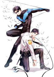 1boy bad_id bad_tumblr_id batman_symbol baton_(weapon) black_hair black_mask black_necktie black_pants black_shoes blue_eyes cable collared_shirt dc_comics dick_grayson domino_mask dress_shoes dual_persona long_sleeves mask multiple_views necktie nightwing official_alternate_costume on_one_knee pants police police_uniform policeman shirt shoes smile solo stariver00 superhero_costume taut_bodysuit two-tone_bodysuit weapon white_background white_shirt
