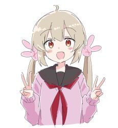 1girl ahoge black_sailor_collar blonde_hair blush cropped_torso double_v fang long_hair long_sleeves looking_at_viewer low_twintails natori_sana natori_sana_(school_uniform) neckerchief open_mouth pink_shirt red_eyes red_neckerchief sailor_collar sana_channel sanz_zzz school_uniform serafuku shirt simple_background solo twintails v virtual_youtuber white_background