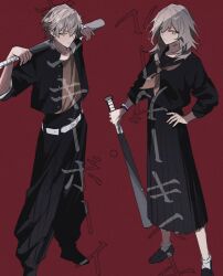 1boy 1girl baseball_bat black_pants black_shirt black_skirt caelus_(honkai:_star_rail) delinquent dual_persona full_body grey_hair highres holding holding_baseball_bat honkai:_star_rail honkai_(series) long_skirt medium_hair pants pleated_skirt red_background shirt short_hair simple_background skirt stelle_(honkai:_star_rail) trailblazer_(honkai:_star_rail) umenoume
