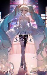 1girl absurdres alternate_costume aqua_eyes aqua_hair dress full_body hatsune_miku highres kamatoyu long_hair looking_at_viewer smile solo tiara twintails very_long_hair vocaloid white_dress