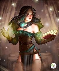 1girl bare_shoulders belt black_hair book casting_spell didi_esmeralda feather_trim feathers holding holding_book long_hair long_sleeves magic purple_eyes spell the_witcher_(series) the_witcher_3 thighhighs thighs wavy_hair yennefer