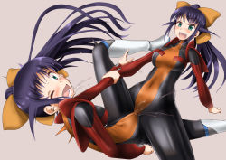 2girls andou_mahoro arm_grab black_bodysuit blue_hair blush bodysuit boots bow breasts clitoral_stimulation female_ejaculation female_ejaculation_through_clothes female_orgasm green_eyes hair_bow highres long_hair mahoromatic minase_(takaoka_nanase) multiple_girls one_eye_closed open_mouth orgasm ponytail pussy_juice saliva selfcest simple_background sweat tears tribadism tribadism_through_clothes twintails yuri