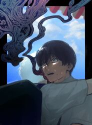 Rule 34 | 2boys, backpack, bag, black bag, black border, black hair, body horror, border, cloud, collared shirt, crying, day, hair between eyes, highres, hikaru ga shinda natsu, hug, indou hikaru, male focus, marcycraby, mole, mole on cheek, mole under eye, mole under mouth, multiple boys, multiple moles, open mouth, outside border, school uniform, shirt, short hair, short sleeves, sky, snot, tears, teeth, tsujinaka yoshiki, twitter username, upper body, upper teeth only, white hair, white shirt