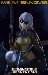 assault_rifle black_gloves black_jacket black_skirt blunt_bangs braid closed_mouth commission dgkamikaze girls&#039;_frontline gloves gun highres jacket long_hair long_sleeves looking_at_viewer m16 m16a1 m16a1_(boss)_(girls&#039;_frontline) m16a1_(girls&#039;_frontline) motor_vehicle motorcycle multicolored_hair no_eyepatch pump_action remington_870 rifle scar scar_across_eye scar_on_face shirt shotgun skirt sunglasses terminator_(series) terminator_2:_judgment_day underbarrel_shotgun weapon white_hair yellow_eyes yellow_shirt