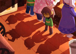 1girl 1other 2boys :| absurdres androgynous animal_ears asgore_dreemurr asriel_dreemurr barefoot blue_pants brown_footwear brown_hair brown_pants child closed_mouth colored_skin commentary_request covered_eyes deltarune dress expressionless floral_print from_above goat_ears green_sweater head_out_of_frame height_difference highres holding horns indoors kris_(deltarune) long_sleeves multiple_boys pants pink_shirt purple_dress shaded_face shadow shirt short_hair sparkle standing sweater toriel watawata22 yellow_skin