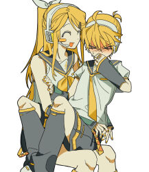 &gt;_&lt; 1boy 1girl ^_^ aged_up ahoge alternate_hair_length alternate_hairstyle arms_around_waist b_cm2 bare_shoulders belt black_shorts black_sleeves black_socks blonde_hair blush blush_stickers bow closed_eyes covering_own_mouth detached_sleeves embarrassed eyes_visible_through_hair hair_between_eyes hair_bow hair_ornament hairclip half_updo hand_on_another&#039;s_arm hand_over_own_mouth happy headset high_ponytail invisible_chair kagamine_len kagamine_rin kagamine_rin_(future_style) kneehighs long_hair loose_belt loose_socks neckerchief necktie open_mouth parted_bangs ponytail puffy_short_sleeves puffy_sleeves sailor_collar shirt shoes short_ponytail short_sleeves shorts side_part sidelocks single_blush_sticker sitting sitting_on_lap sitting_on_person sleeveless sleeveless_shirt smile socks sweatdrop vocaloid white_background white_bow white_shirt white_shoes yellow_belt yellow_nails yellow_neckerchief yellow_necktie