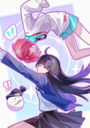 ! !! !? 2girls absurdres amate_yuzuriha aqua_shirt aqua_skirt beanie black_hair black_hat blue_jacket blue_skirt commentary diagonal-striped_clothes diagonal-striped_necktie from_side gundam gundam_gquuuuuux haobuguniao haro hashtag-only_commentary hat highres jacket long_hair looking_at_another miniskirt multiple_girls necktie nyaan_(gundam_gquuuuuux) outline pink_outline pleated_skirt pom_pom_(clothes) pom_pom_beanie red_hair school_uniform shirt short_hair skirt speech_bubble spoken_exclamation_mark star_(symbol) striped_clothes sweater white_shirt white_sweater