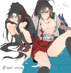1boy ahoge alternate_costume alternate_universe bag black_eyes black_hair black_serafuku black_skirt black_socks blush breath brown_shoes collarbone collared_shirt crossdressing eunram hair_between_eyes hair_ribbon knee_up kneehighs korean_commentary korean_text long_hair looking_at_viewer male_focus modao_zushi multiple_views nipples open_clothes open_shirt pectoral_cleavage pectorals pleated_skirt ponytail red_ribbon red_skirt ribbon sailor_collar school_bag school_uniform serafuku shirt shoes sidelocks simple_background sitting skirt smile socks squatting thighhighs thighs trap very_long_hair wei_wuxian wet wet_clothes wet_face wet_hair wet_shirt white_background white_shirt zettai_ryouiki