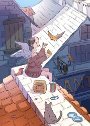 1girl animal bag bird black_hair building burger cat commentary cup day disposable_cup eating english_commentary feathered_wings food full_body highres holding holding_burger holding_food house long_sleeves off_shoulder on_roof original outdoors paper_bag short_hair sign sitting sitting_on_roof smile solo takaichi_(tkch) tile_roof town water white_wings wings