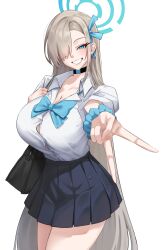 1girl absurdres asuna_(blue_archive) black_skirt blue_archive blue_eyes blue_ribbon blush breasts choker cleavage collarbone collared_shirt crimecrime dress_shirt grin hair_over_one_eye hair_ribbon halo hashtag-only_commentary highres large_breasts light_brown_hair long_hair looking_at_viewer pleated_skirt ribbon scrunchie shirt skirt sleeves_rolled_up smile solo thighs v very_long_hair white_shirt wrist_scrunchie