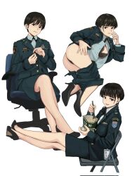 Rule 34 | 1girl, ass, black bra, black hair, black panties, bra, chair, folding chair, highres, holding, jacket, long sleeves, military, military dress uniform, military uniform, office chair, original, panties, shirt, short hair, simple background, skirt, solo, swivel chair, underwear, wani (perfect han)