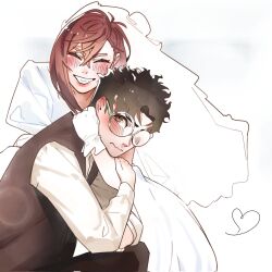 1boy 1girl arm_around_neck ayase_momo black_pants black_vest blush bob_cut bridal_veil bride brown_eyes brown_hair closed_eyes commentary couple crossed_bangs dandadan dress dress_shirt embarrassed english_commentary eyelashes formal_clothes from_side glasses gloves grin groom hair_between_eyes hand_on_another&#039;s_arm hand_on_another&#039;s_neck happy heart highres hug lips long_sleeves looking_at_viewer looking_to_the_side medium_hair messy_hair pants puffy_short_sleeves puffy_sleeves red_lips rimless_eyewear round_eyewear shirt short_sleeves simple_background sitting smile suit takakura_ken_(dandadan) thick_eyebrows veil vest waistcoat wedding_dress white_background white_dress white_gloves white_shirt yuqi_non