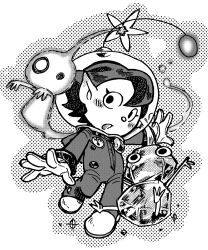 1girl alien backpack bag blush_stickers boots buttons commentary cowlick eyelashes flower gauge ghost_pose ghost_tail gloves glow_pikmin greyscale helmet highres ice ice_pikmin light_blush looking_at_viewer monochrome nintendo no_mouth open_mouth outstretched_arms pikmin_(creature) pikmin_(series) pointy_ears rescue_officer_(pikmin) radio_antenna short_hair sitting solid_circle_eyes space_helmet spacesuit taichohanuma whistle white_background