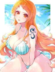 1girl akasama0215 aqua_bikini arm_between_legs bare_shoulders bikini blue_sky border breasts cleavage cloud cloudy_sky collarbone commentary_request cowboy_shot highres large_breasts light_blush long_hair looking_at_viewer nami_(one_piece) navel ocean one_piece orange_eyes orange_hair outside_border palm_tree parted_lips ribbed_bikini shoulder_tattoo side-tie_bikini_bottom single_sidelock sitting sky solo sparkle stomach string_bikini sunlight swimsuit tattoo thighs tree twitter_username wavy_hair white_border