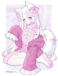 1girl absurdres animal_ear_fluff animal_ears bandaid_on_thigh boots bow commentary crossed_bandaids eyelashes frilled_sleeves frills hair_bow highres hood hood_down jacket long_hair long_sleeves meme_attire open_clothes open_jacket original pink_bow pink_eyes pink_jacket pink_ribbon pink_sweater platform_boots ribbed_sweater ribbon sitting sleeveless sleeveless_sweater sleeves_past_fingers sleeves_past_wrists solo sweater symbol-only_commentary tail tareme ting_(tingiiio) turtleneck turtleneck_sweater virgin_killer_sweater white_boots white_bow white_hair wolf_ears wolf_girl wolf_tail