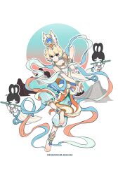 Rule 34 | 1boy, 1girl, absurdres, alternate costume, alternate hairstyle, animal ears, anklet, barefoot, black eyes, black hair, blonde hair, bracelet, chibi, dunhuang style, earrings, feiren zai, full body, hagoromo, highres, instrument, jewelry, looking at viewer, mountain, pants, rabbit ears, shawl, short hair, simple background, white background, xiao (instrument), xiaoyu (feiren zai), yizhu tiannanxing zhiwu
