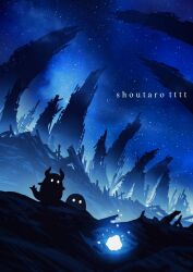 artist_name creature english_text glowing highres horns hoshikui night night_sky no_humans original outdoors ruins scenery shoutarou_(shoutarotttt) silhouette sky star_(sky) starry_sky tail
