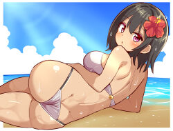 1girl ass ass_focus bare_shoulders bikini blush breasts brown_hair butt_crack cougar_(cougar1404) flower from_behind hair_flower hair_ornament large_breasts looking_at_viewer looking_back lying medium_hair on_side original purple_eyes sideboob solo sweat swimsuit