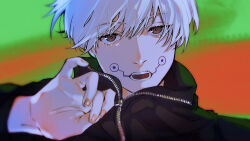 1boy brown_eyes eyelashes facial_mark fingernails highres hood hood_down inumaki_toge jujutsu_kaisen kuropani_cos long_sleeves looking_at_viewer male_focus open_mouth short_hair solo upper_body white_hair zipper