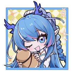 1girl ;d argyle_background arknights blue_eyes blue_hair border chibi chibi_only chinese_commentary commentary_request dragon_girl dragon_horns gourd holding holding_gourd horns ling_(arknights) long_hair looking_at_viewer multicolored_eyes multicolored_hair no_nose one_eye_closed open_mouth outside_border pink_hair pointy_ears purple_eyes purple_horns smile solo sparkle streaked_hair two-tone_eyes white_border white_hair xuan_xu_x