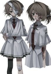 Rule 34 | 1girl, bandage over one eye, bandaged arm, bandages, black thighhighs, blood, blood on arm, blood on face, brown hair, bruise, capelet, collared shirt, colored eyelashes, frilled skirt, frills, frown, green eyes, hair bun, half-closed eye, highres, injury, ludo (grapewood1005), multiple views, necktie, nosebleed, red necktie, school uniform, shirt, short hair, simple background, skirt, subarashiki hibi, tachibana kimika, thighhighs, uneven eyes, white background, white capelet, white shirt, white skirt