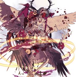 1girl black_boots black_eyes blonde_hair blood blood_drop blood_on_clothes bloody_clothes bloody_dress bloody_tears bone boots closed_eyes colored_sclera commentary crown_of_thorns curled_horns demon_horns dress edoya_inuhachi elbow_gloves eldritch_abomination extra_eyes feathered_wings floating floating_blood floating_crown gloves goat guimpe height_difference highres horns interlocked_fingers juliet_sleeves long_dress long_sleeves marble_(stone) marble_sculpture monster multiple_heads multiple_wings nun open_mouth original own_hands_clasped own_hands_together praying puffy_sleeves skull smile statue teeth thorns traditional_nun veil white_background white_dress white_gloves white_veil white_wings wimple wings yellow_sclera