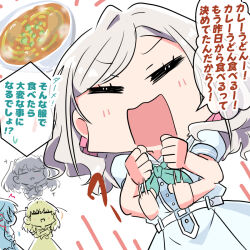 4girls =_= ^^^ afterimage aqua_neckerchief blue_dress blush bowl ceras_yanagida_lilienfeld chibi chibi_only clenched_hands closed_eyes crossed_arms curry curry_udon dress facing_viewer food fujishima_megumi grey_hair hair_ribbon hinoshita_kaho link!_like!_love_live! long_sleeves love_live! multiple_girls murano_sayaka navyblue_konjac neckerchief open_mouth pink_ribbon ribbon sailor_collar sailor_dress solo_focus speech_bubble summer_uniform sweatdrop translation_request two_side_up virtual_youtuber white_sailor_collar